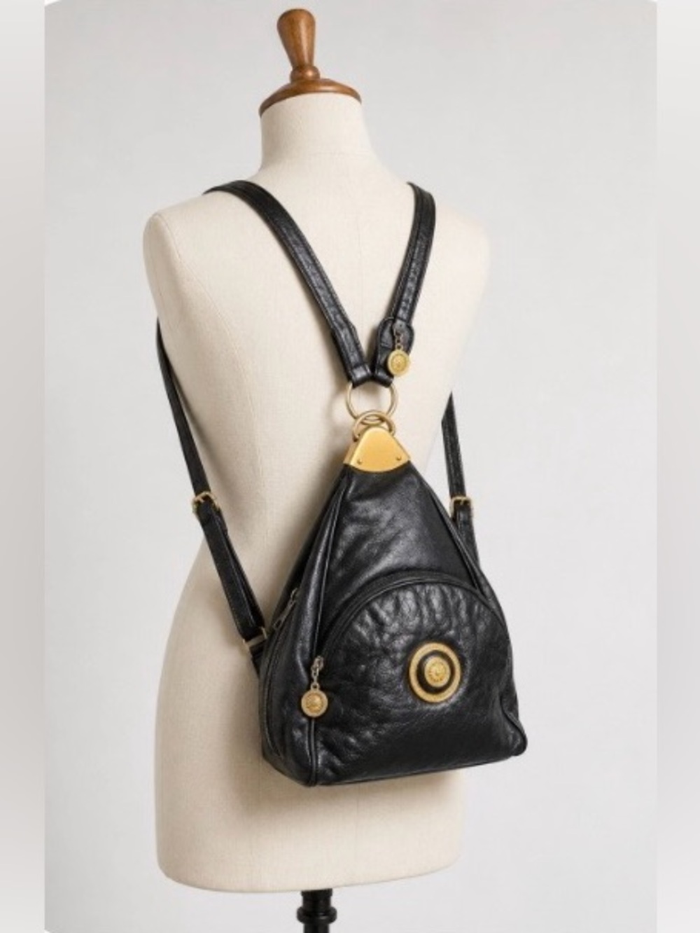 Vintage Y2K CIA New Wealth Black Leather Pyramid Sling Backpack Signature Medusa